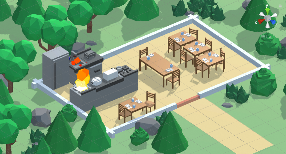 Mobile Game Tutorial: A picture showing our environment, decorated with trees and fire.