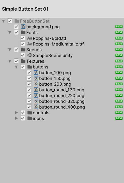 Mobile Controls Turtorial: A picture showing the assets to import in from the Simple Button Set.