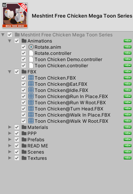 Mobile Controls Turtorial: A picture showing the assets to import in from the Free Chicken Series.