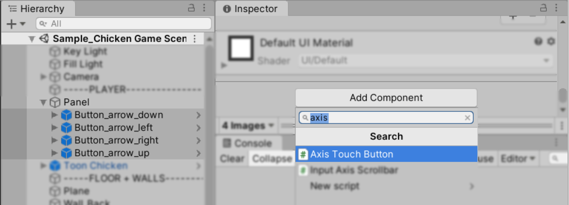 A picture showing how to add the Axis Touch Button script to the buttons.