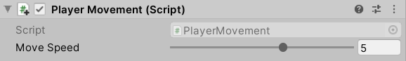 A picture showing the slider in the Player Movement script component.
