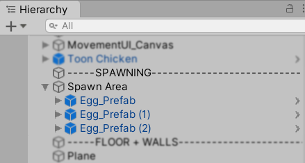 Spwan System Tutorial: Sample location of egg prefabs in hierarchy.