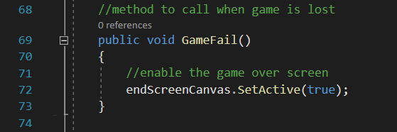 A picture showing the method to add to show gameover screen.