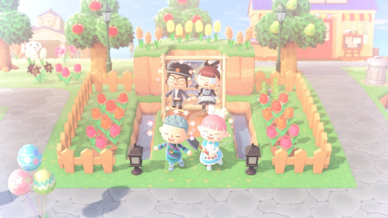 Staying connected through games: A picture showing our characters in the game, Animal Crossing New Horizons.