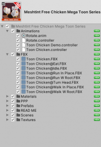 A picture showing the assets to import in from the Free Chicken Series..
